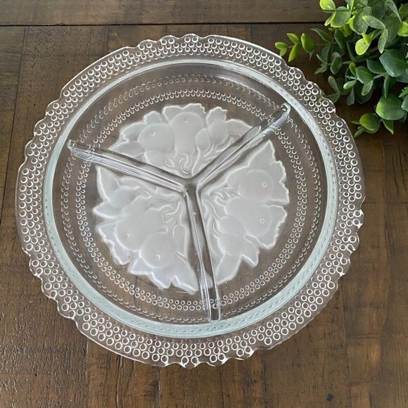 Vintage Other - Vintage Clear Frosted Glass Divided Relish Dish Pear Pattern
